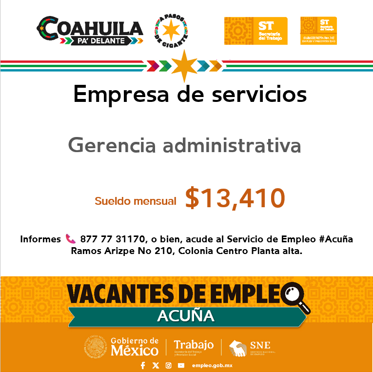 SNEACUNA's tweet photo. 📢 ¡Vacante de empleo en  #Acuña!    

📍 Servicio de Empleo #Acuña
📌Dirección: Ramos Arizpe N° 210, esquina con calle Lerdo, planta alta, Col Centro
📞Informes: 877 77 3 11 70

Contáctanos hoy mismo.  
#CoahuilaPaDelante #APasosDeGigante #SNEparaTodo https://t.co/FtNnx6KYwI