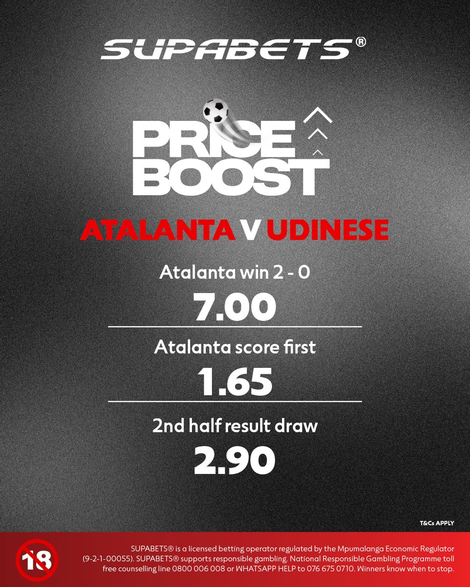 Supabets_mzansi's tweet image. ⚽️ATALANTA SHOULD HAVE ENOUGH IN THE TANK ON HOME SOIL🧐

🚀 bit.ly/3UvaGbC ✅

#PriceBoost #SerieA #ATAUDI #Supabets

18+ / Bet Responsibly