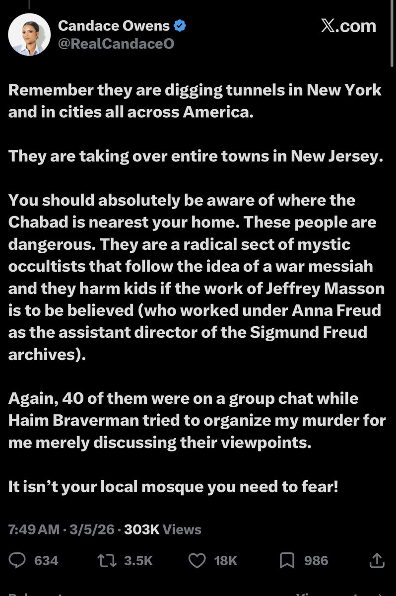 What you have to understand is that Candace Owens is trying to incite people to murder Jews in America.

Her claim that Chabad is working to take over our country is completely false. Chabad is an organization that connects Jews &amp; teaches Jews about Judaism. 

Candace is a liar.