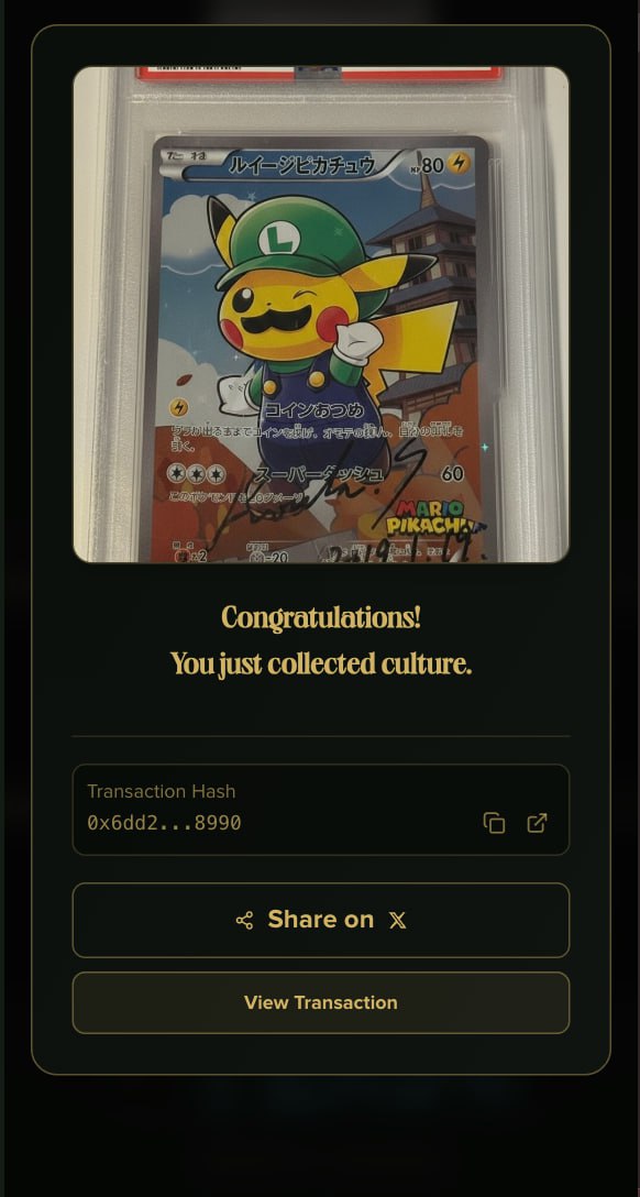 acesdotfun's tweet photo. $PIKACHU is officially live on https://t.co/zplTHDVw3p.

This isn’t just any listing it’s a PSA 10 Pikachu Luigi 296/XY-P Promo, autographed by Kouki Saitou.

A grail-tier collectible, now financialized.

The derivative trading terminal is already active.

 Price discovery has begun. 

Traders are positioning based on perceived collectible demand before the hammer even falls.

Meanwhile, the physical auction is live.

If the card sells through https://t.co/zplTHDVw3p, it becomes more than a sale it becomes proof of the flywheel: 

Collectible demand → auction result → revenue share → token holder upside.

Culture, tokenized.

 Speculation meets real-world settlement.

The market decides what this Pikachu is worth both physically and on-chain.

Trade it here: https://t.co/buIXKj6VgK

CA: 0x02ad22d8789f95c06187ffaddfc5ffbd4d6eaace