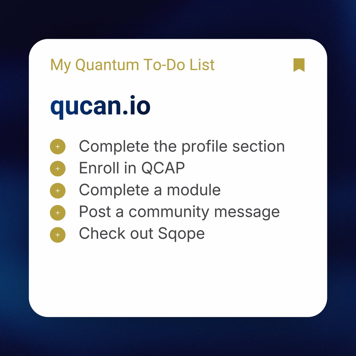 Whether you’re a quantum enthusiast, a student, a professional, or a decision-maker. 𝗜𝗳 𝘆𝗼𝘂’𝘃𝗲 𝗵𝗮𝘃𝗲 𝗰𝗿𝗲𝗮𝘁𝗲𝗱 𝘆𝗼𝘂𝗿 𝗮𝗰𝗰𝗼𝘂𝗻𝘁 𝗼𝗻 qucan.io — 𝘄𝗲𝗹𝗰𝗼𝗺𝗲!

To help you get started, here are a few simple things you can do on the platform: