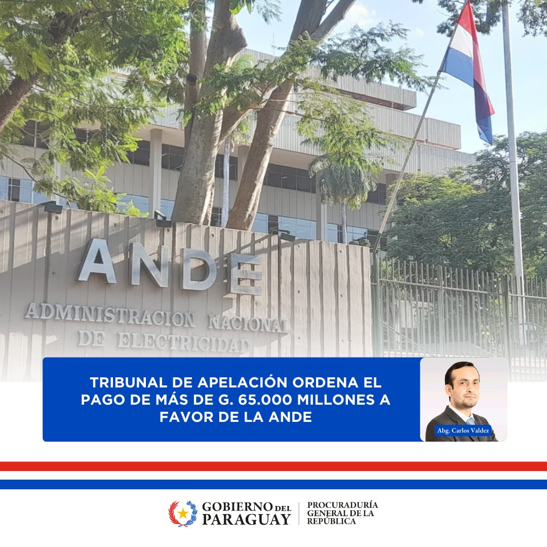 PGRParaguay's tweet photo. La PGR, en representación del Estado Paraguayo, intervino con éxito en carácter de tercero coadyuvante en la demanda por cumplimiento de contrato y cobro de guaraníes que fue promovida por la ANDE.

La disputa se originó tras la negativa de la parte demandada a acatar el nuevo Pliego Tarifario de suministro de energía eléctrica, el cual fue aprobado por Decreto del Poder Ejecutivo.

Tras la sentencia de primera instancia, la PGR –en su carácter de coadyuvante de la ANDE– interpuso recursos de apelación y nulidad, cuestionando la decisión inicial que rechazaba el cobro de la deuda.

La PGR sostuvo que:
- El fallo inicial reconocía la vigencia del contrato y la obligatoriedad del régimen tarifario, pero negaba las consecuencias patrimoniales del incumplimiento.
- El impago de la tarifa vigente representaba un "subsidio explícito e indebido" en beneficio de la parte demandada.

Con base en estos argumentos, el Tribunal de Apelación en lo Civil y Comercial confirmó la procedencia de la demanda y ratificó que la accionada debe ajustarse al pliego tarifario vigente.

Asimismo, el Tribunal condenó a la parte demandada al pago de la suma reclamada por la ANDE, equivalente a G. 65.061.597.943 más intereses, en concepto de diferencia tarifaria acumulada. Con esta resolución, se salvaguardan los intereses del Estado y se garantiza el cumplimiento de las normas en materia energética.

#GobiernoDelParaguay