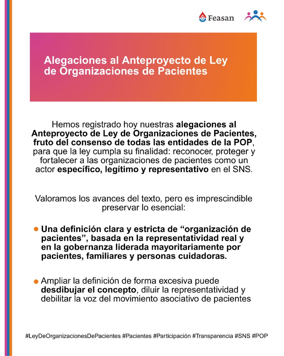 FEASAN_'s tweet photo. 📢FEASAN se suma al consenso de la @pacientesPOP para defender la identidad de las organizaciones de pacientes ante la ley y apoyar el registro de alegaciones al Anteproyecto de Ley de Organizaciones de Pacientes. https://t.co/AFrcPDPgq5