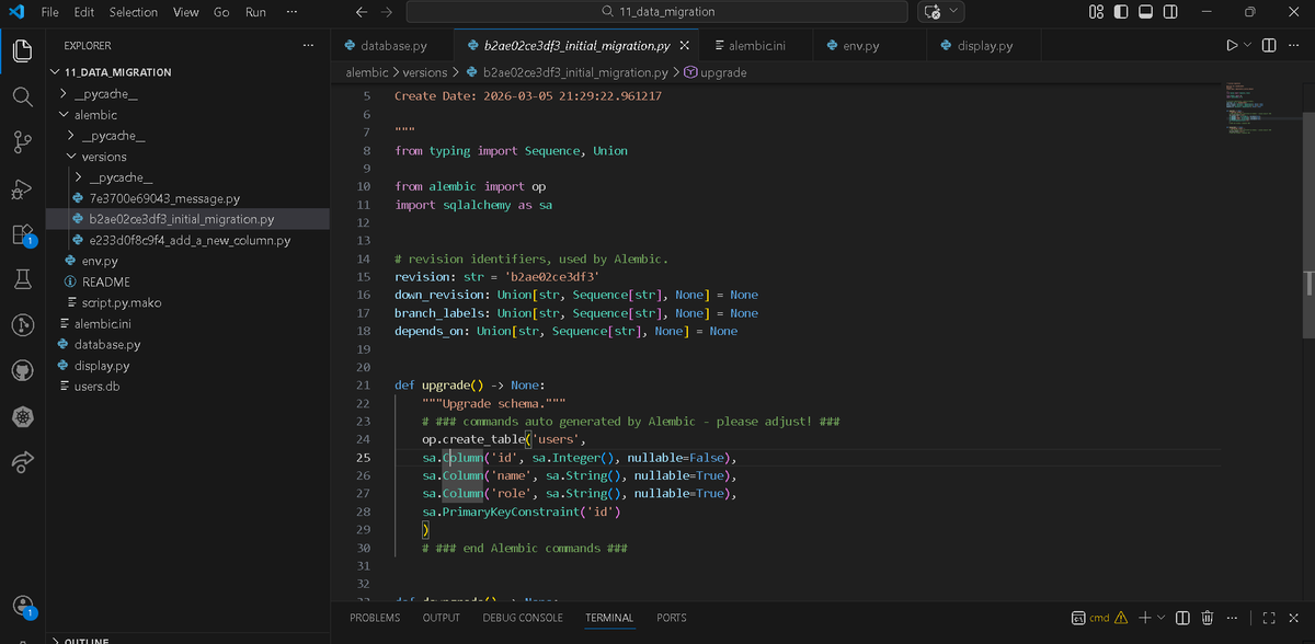 diwa810's tweet photo. Day 33
Learned Alembic migrations with #FastAPI + #SQLAlchemy.
• Initialized Alembic
• Generated migration scripts
• Applied migrations safely
• Practiced schema updates without deleting data
• Learned rollback with downgrade
#FastAPI #SQLAlchemy #Alembic #Backend #python https://t.co/m6gGzKY7vf