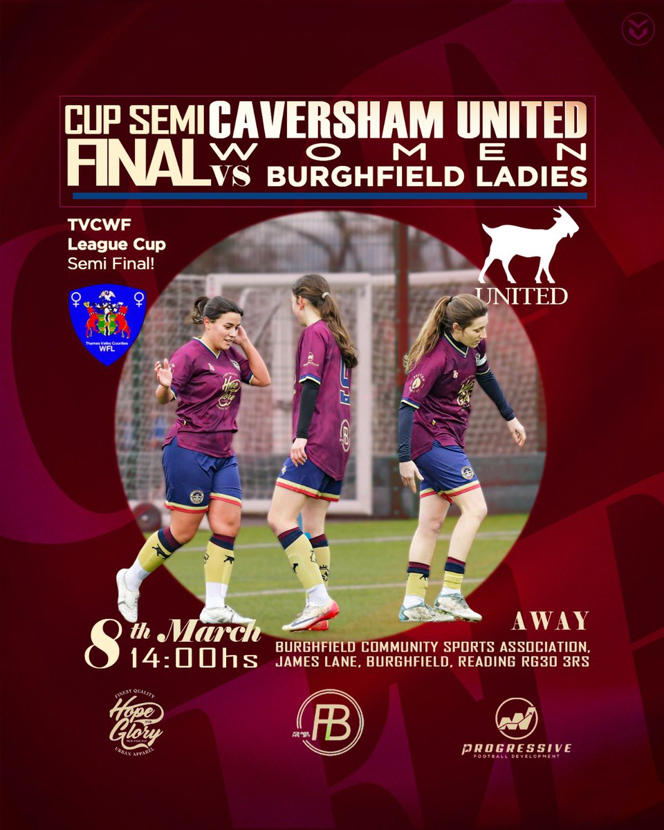 ⚠️ SUNDAY MATCHDAY ⚠️

For the third week in a row…. It’s CUP WEEKEND! 🏆

After last week’s Cup QF win, the <a href="/tvcwfl/">TVCWFL</a> League Cup Semi is upon us!

We face <a href="/burghfieldfc/">Burghfield FC</a>, who we edged past in the County Cup earlier in the season on pens!

Can we make it all the way!?

#WeAreUnited