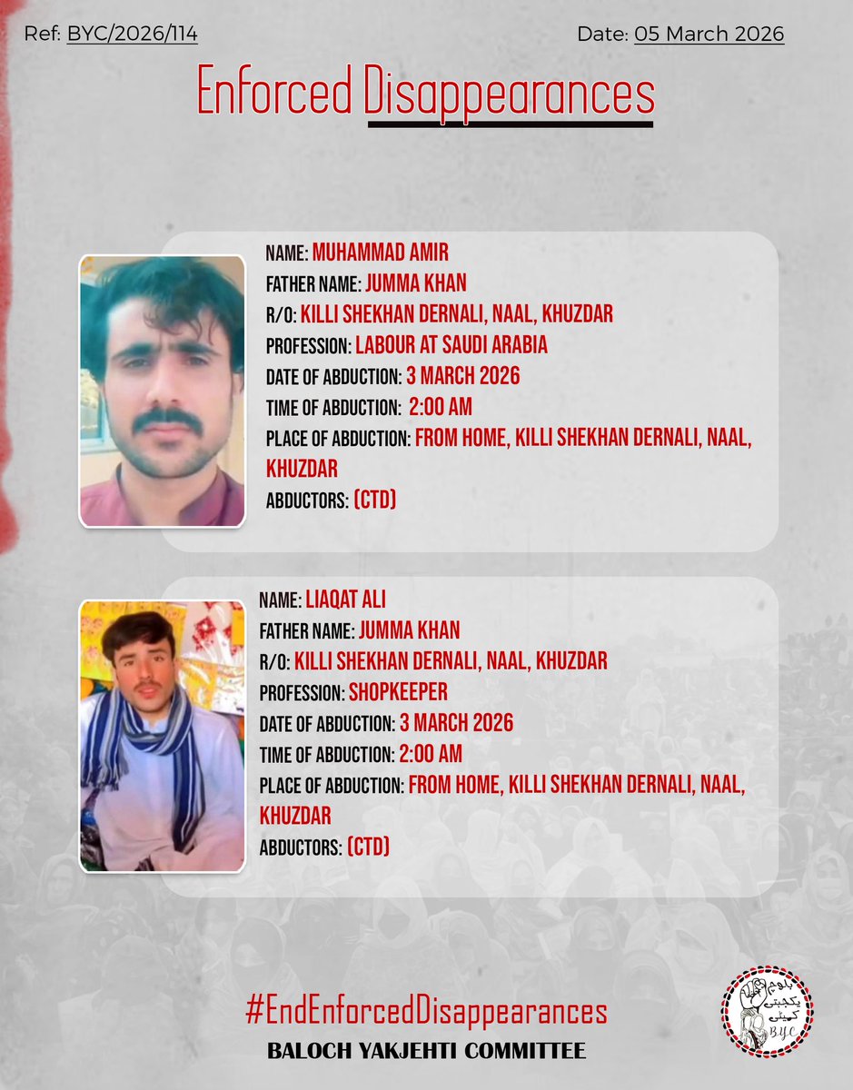 𝗘𝗻𝗱 𝗘𝗻𝗳𝗼𝗿𝗰𝗲𝗱 𝗗𝗶𝘀𝗮𝗽𝗽𝗲𝗮𝗿𝗮𝗻𝗰𝗲𝘀!

#EndEnforcedDisappearances
#StopBalochGenocide