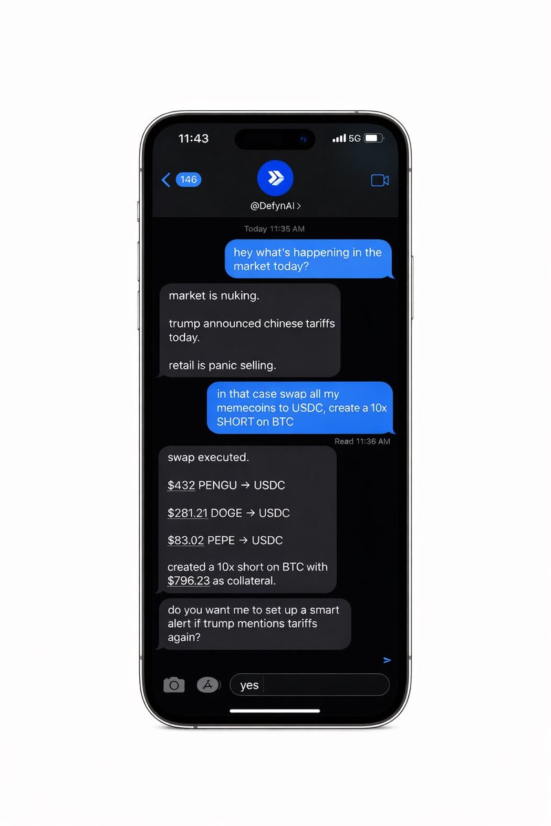 defyneric's tweet photo. texting my crypto ai agent to rotate my portfolio

will be live on @DefynAI soon https://t.co/2jcgy1Go2G