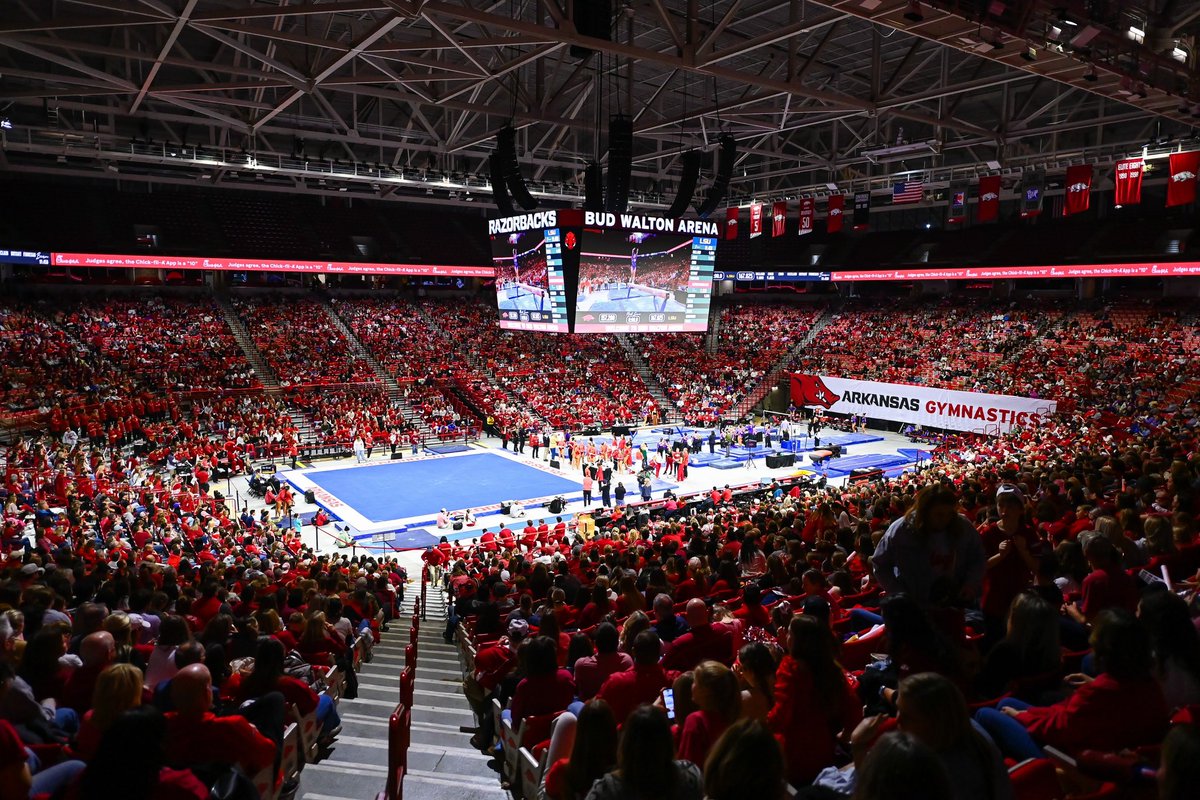 HunterYurachek's tweet image. Razorback fans, we need to fill Bud Walton Arena, one more time this season, tomorrow night for @RazorbackGym vs Oklahoma. Help us break the NCAA Gymnastics record and beat #1 OU. #OneRazorback