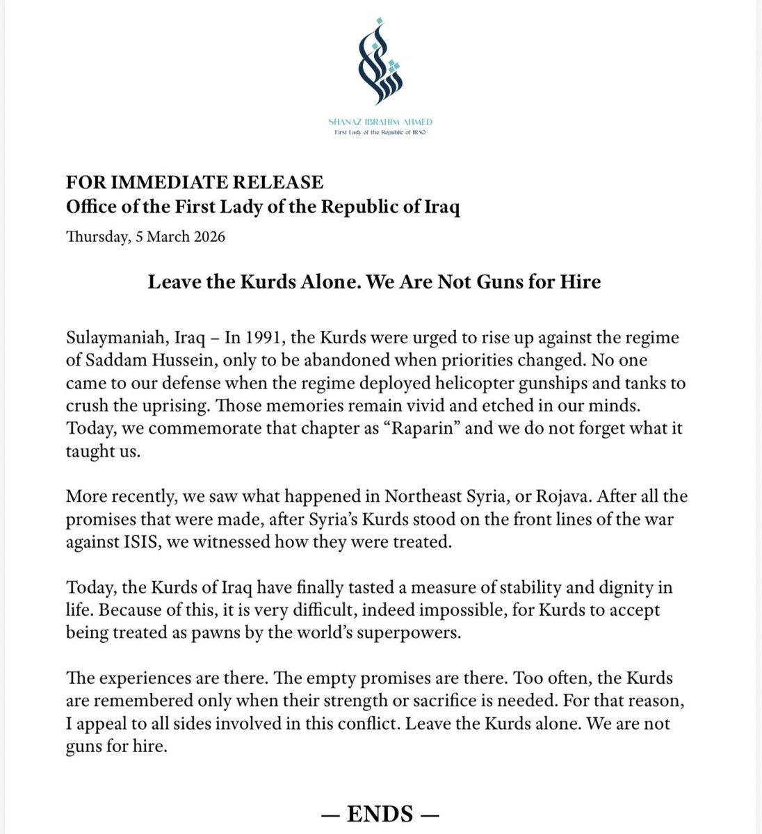 vvanwilgenburg's tweet image. Iraqi Kurdish politician and senior PUK official @firstladyofiraq Shanaz Ibrahim underlines the Kurds won't be treated as 'pawns by the world's superpowers' after the treatment of the Syrian Kurds