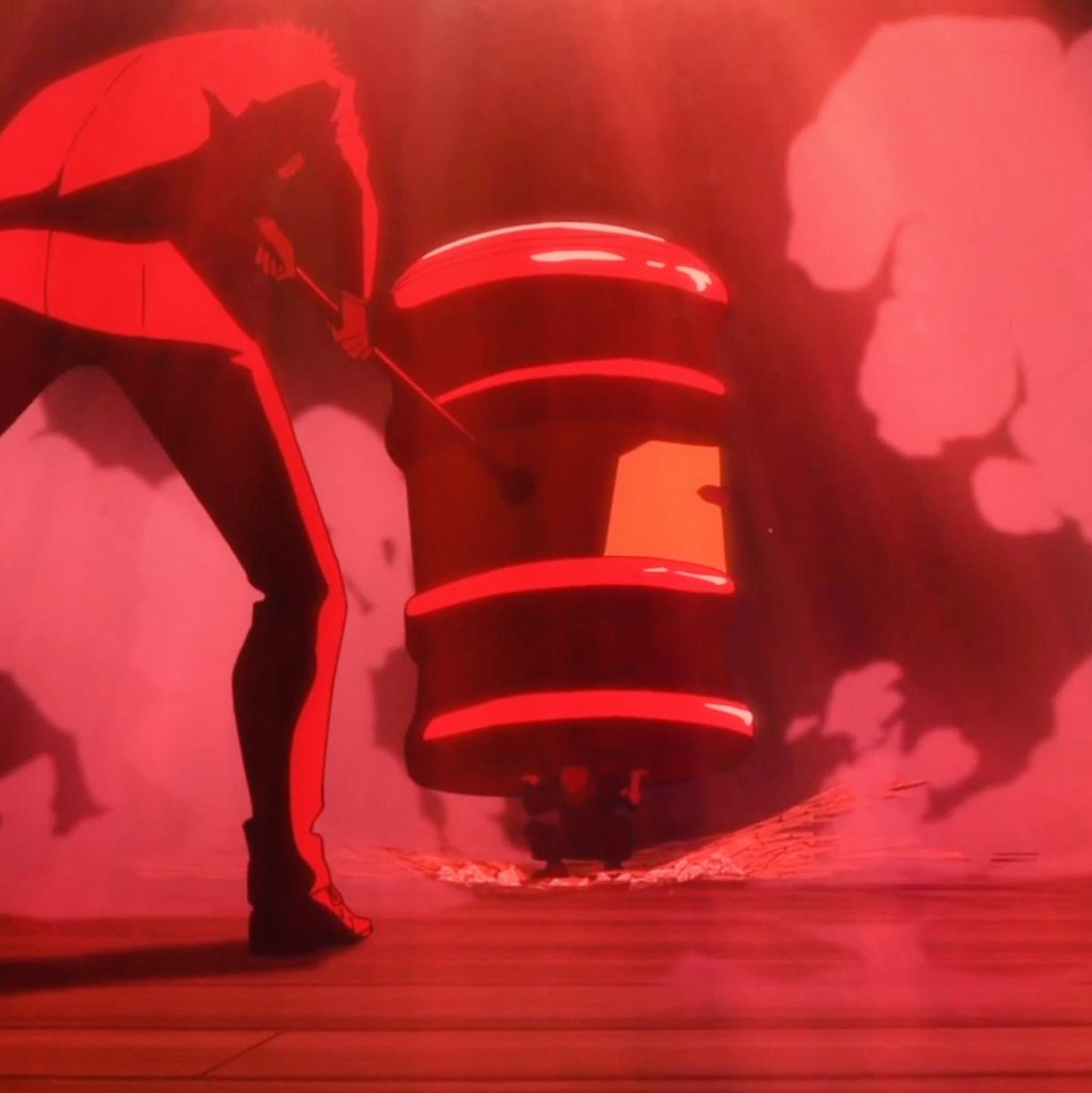 barbiesukuna's tweet photo. yuuji being held down by the 'gavel of justice' always reminded me of atlas holding up the heavens. the cinematography here emphasises the weight of it even more. a metaphor for holding the burden of another's sins and keeping the world from crashing down by the same https://t.co/6VTyySGUh7