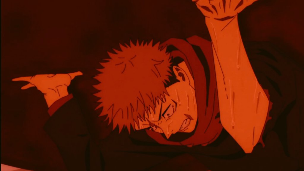 barbiesukuna's tweet photo. yuuji being held down by the 'gavel of justice' always reminded me of atlas holding up the heavens. the cinematography here emphasises the weight of it even more. a metaphor for holding the burden of another's sins and keeping the world from crashing down by the same https://t.co/6VTyySGUh7
