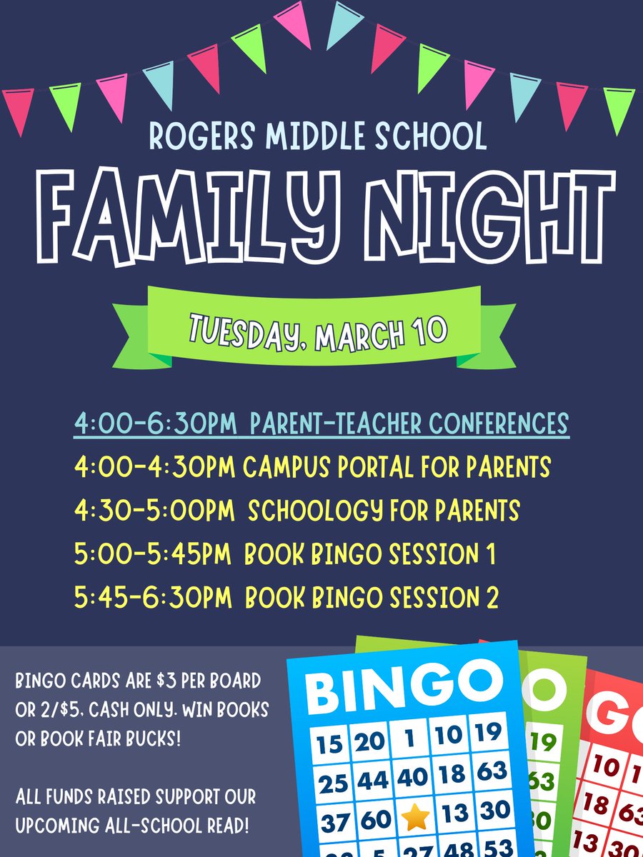 RogersMiddle's tweet photo. 5 DAYS UNTIL FAMILY NIGHT! Please join us on Tuesday, March 10 for conferences, informational sessions, and BOOK BINGO!! Can't wait to see you there!!! https://t.co/yaMp6lBMPe