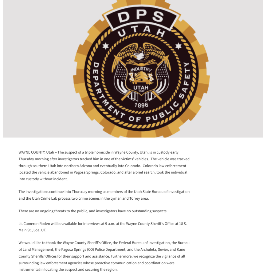 incidnt_tracker's tweet image. Update: 
Per Utah DPS a suspect has been arrested after being tracked through 3 states starting in Southern Utah through Northern Arizona and finally getting captured in Colorado. No additional information about the suspect is currently available. #BREAKING #UTAH #ARIZONA