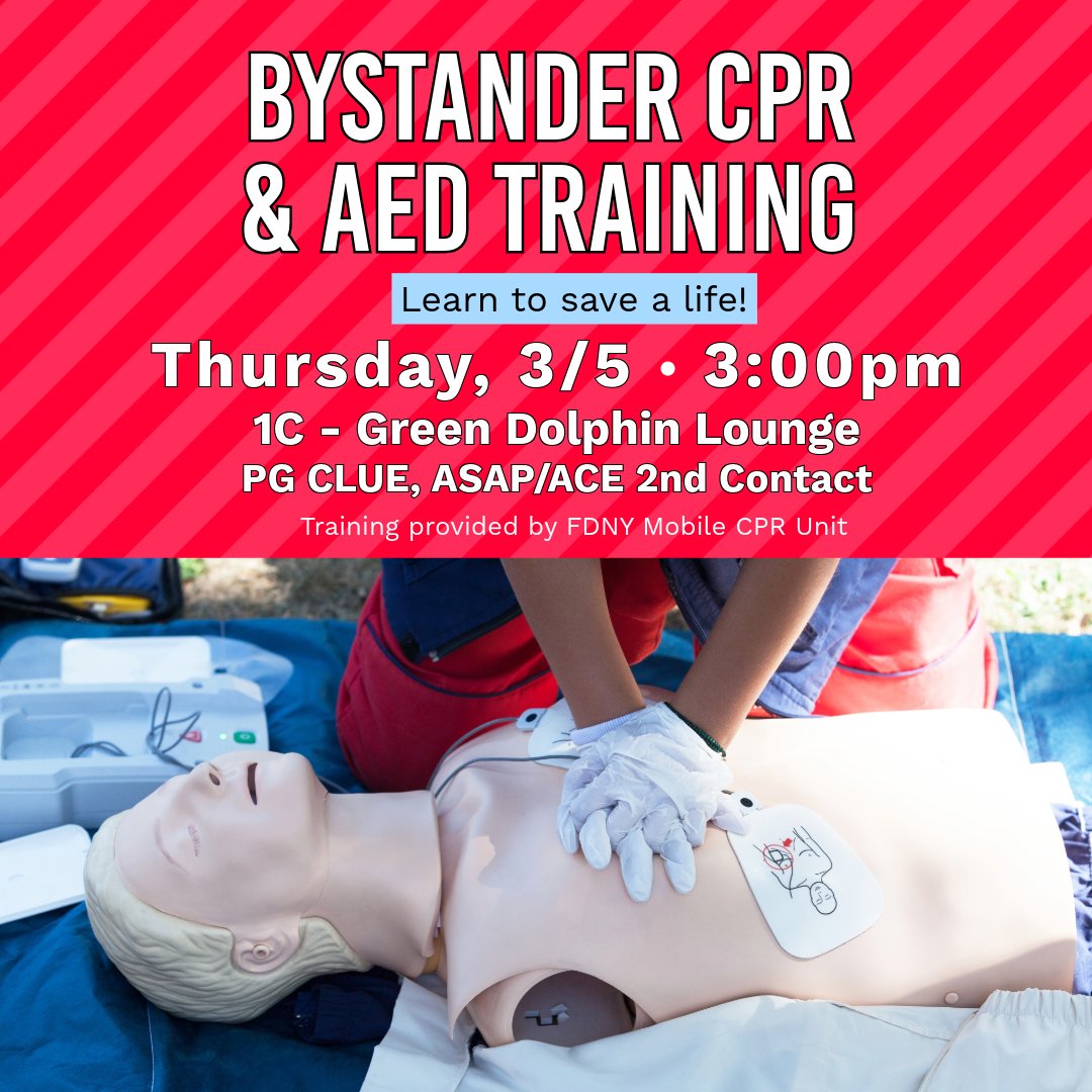 CSI_Wellness's tweet photo. TODAY!
Bystander CPR &amp; AED Training
Thursday, March 5
3:00pm
1C - Green Dolphin Lounge
Credit available: PG CLUE, ASAP/ACE 2nd Contact
Training provided by FDNY Mobile CPR Unit.
#CSIHW #CSIHealthWellness #MyCSI #CollegeOfStatenIsland #CSIDolphins #CUNY https://t.co/0iT5PhHa8e