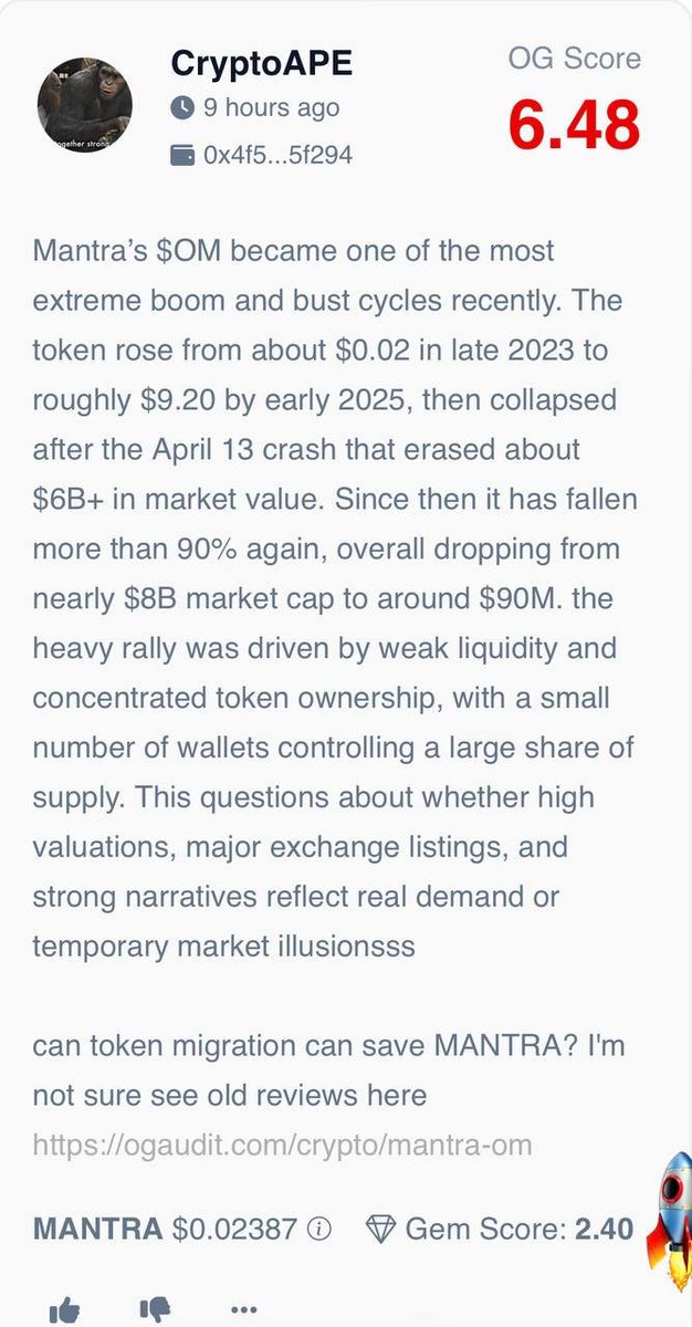 MANTRA ($OM) just got our Social Auditors' attention. 

Here’s the breakdown⤵️

MANTRA is an RWA-focused Layer-1 aiming to bridge regulated finance with onchain infrastructure and tokenized assets.

What was noticed by them is:

- One of the sharpest boom-bust cycles on record,