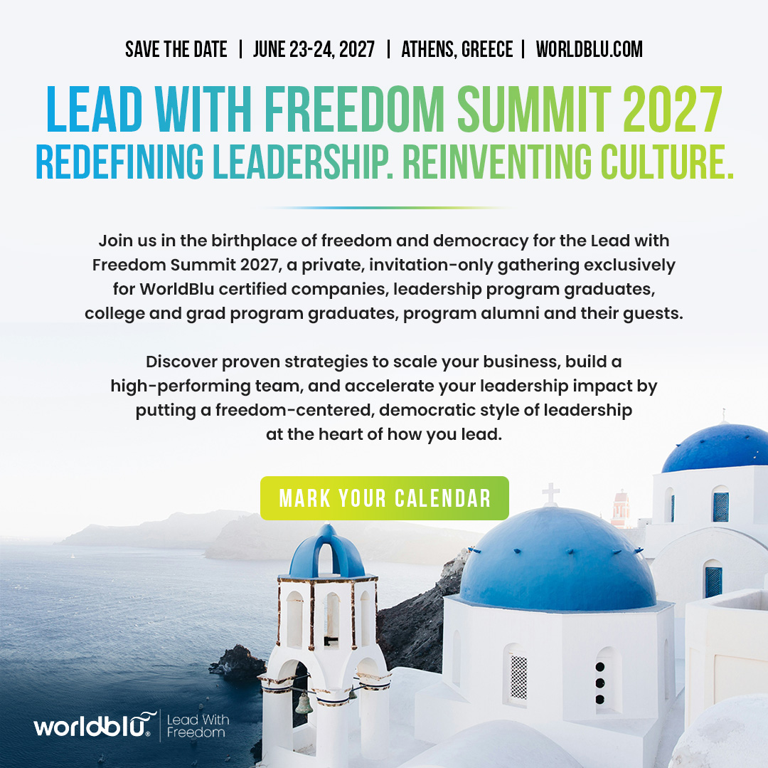 realWorldBlu's tweet photo. Big news, WorldBlu community! The Lead with Freedom Summit is coming to Athens, Greece, June 23–24, 2027! Invitation-only for certified orgs, program participants, partners &amp; special guests. Can’t wait to see you there! 🇬🇷✨ https://t.co/u0d2mneQ4e