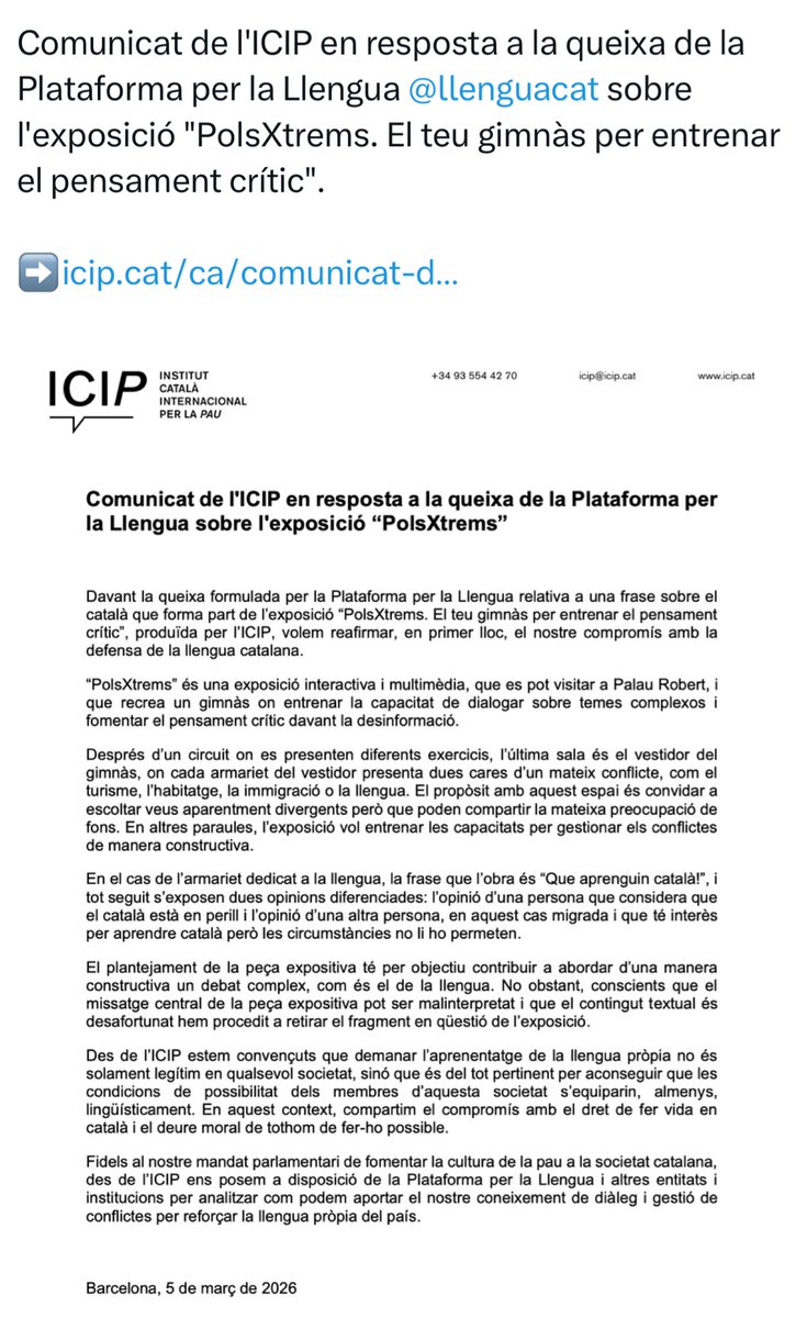 Lamentable disculpa d’<a href="/ICIPeace/">ICIP</a> que més que una disculpa és un nou insult. Ja els hem contestat:

Benvolguts Sr. Herbolzheimer i Sr. Masllorens,

Dir-vos que lamentem profundament els termes del vostre comunicat. 

Assumir que un nouvingut ‘que té interès per aprendre català però