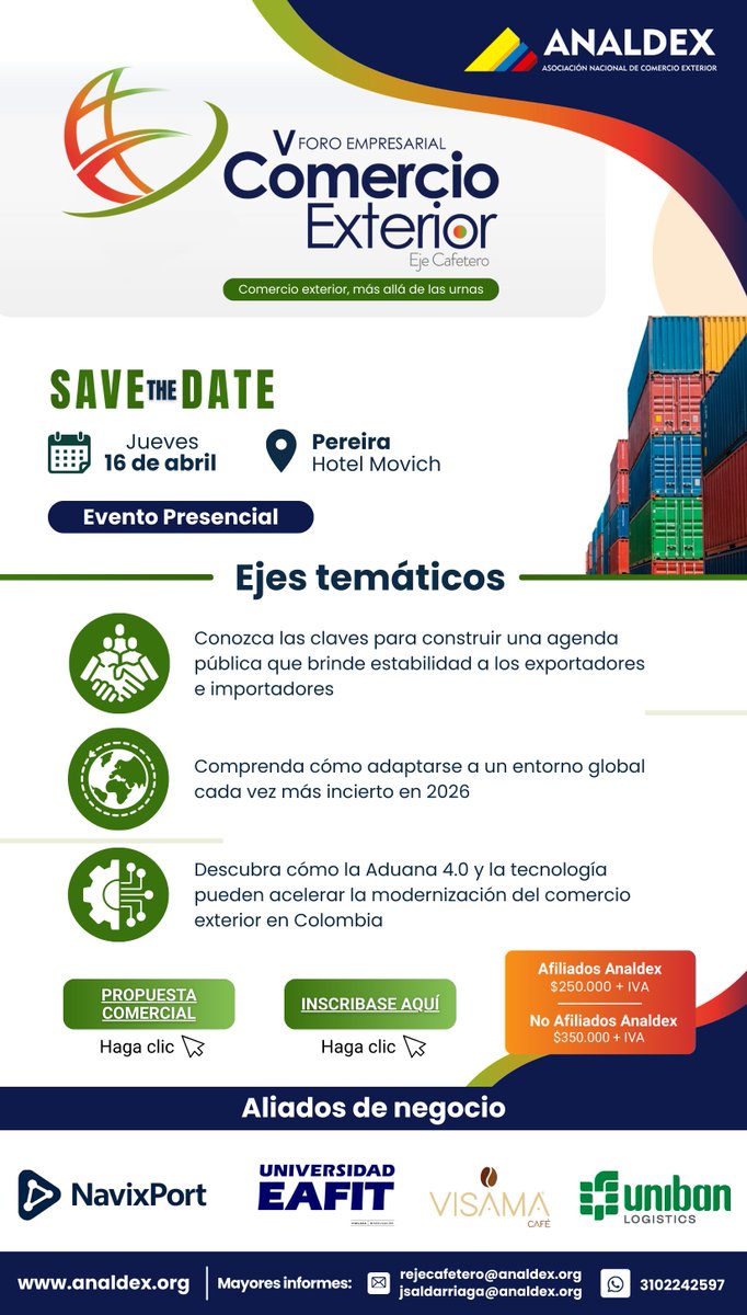 linkedin.com/events/7435367…  Para esta versión invitamos conferencistas y panelistas que nos compartirán reflexiones sobre la actualidad del comercio exterior, la innovación aplicada a las necesidades de las empresas, incertidumbre global, democracia y mercados globales.