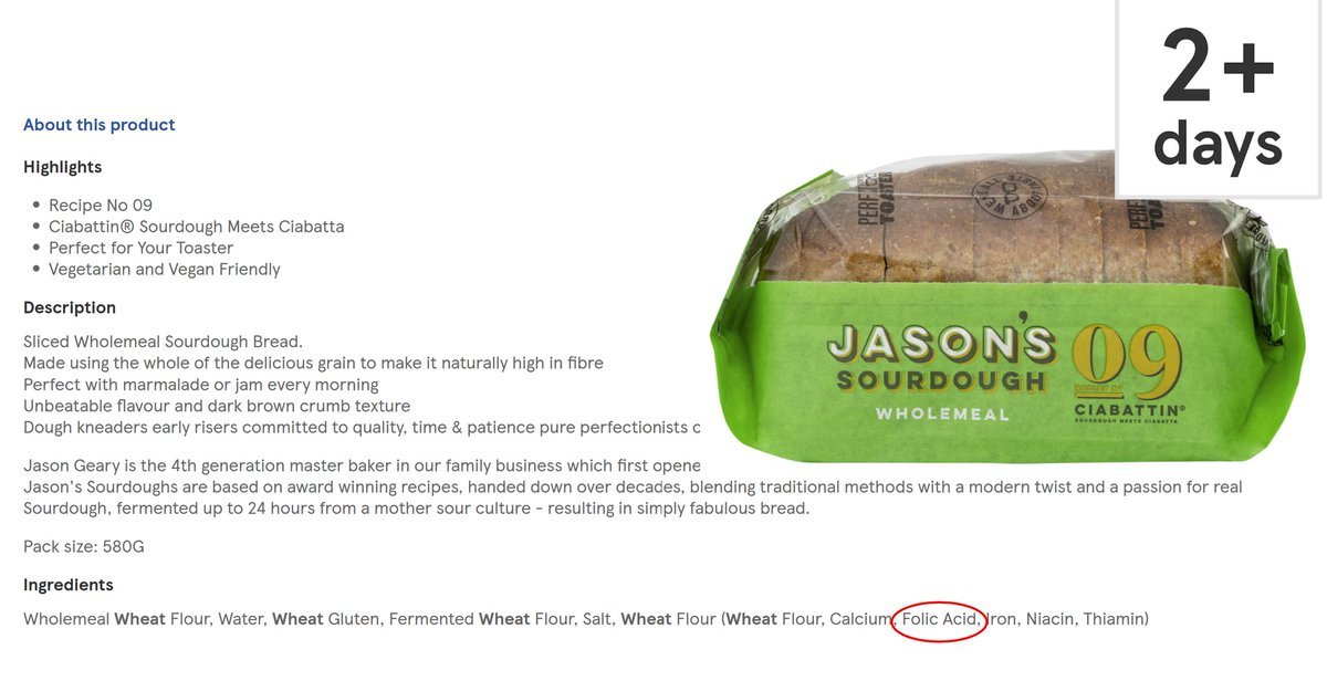 They claim that the mandation of synthetic folic acid in white flour only means people can avoid it.

Let them eat wholemeal etc.

However, it is ALREADY in many wholemeal and gluten free products.

They failed to legislate to keep it out of the alternatives.

👇