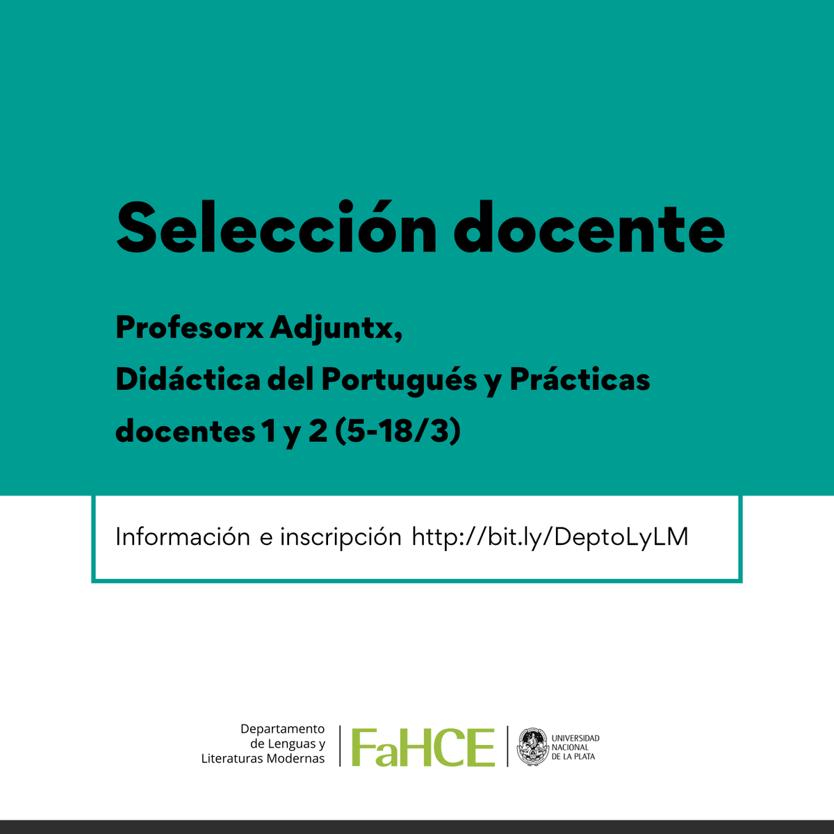 deptolylm's tweet photo. SELECCIÓN DOCENTE (5-18/3/2026) de Profesorx Adjuntx en las cátedras
Didáctica del Portugués y Prácticas Docentes 1 y 2
Técnicas de Expresión en Castellano
Para más información e inscripción, consultar  https://t.co/y3xuDuHxVO https://t.co/x7UbHKdL6R