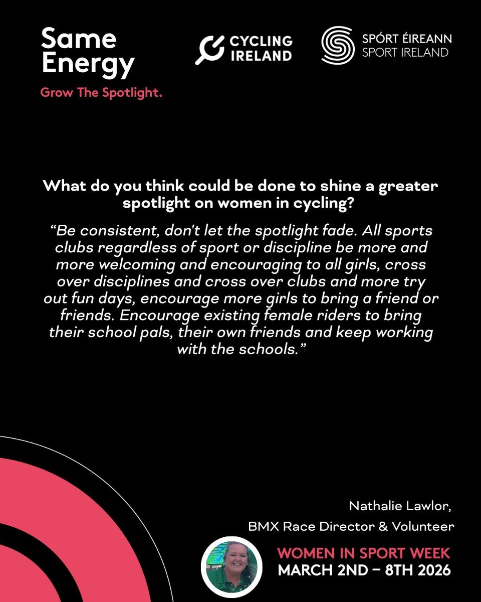 CyclingIreland's tweet image. We're shining a spotlight on Nathalie Lawlor this Women in Sport Week, BMX Race Director and Volunteer 🔦

#SameEnergy #WomenInSportIRE #WISWeek2026