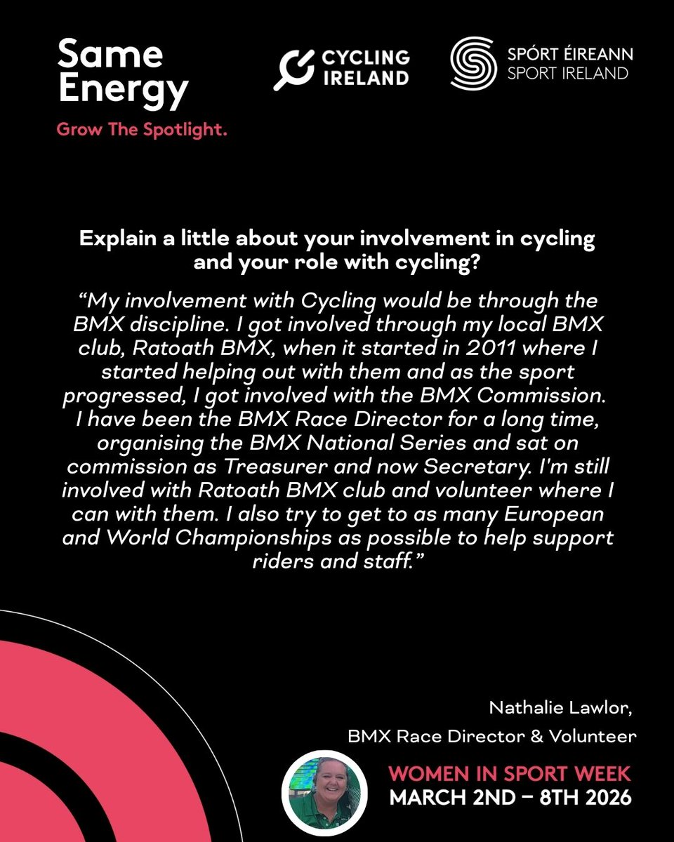 CyclingIreland's tweet image. We're shining a spotlight on Nathalie Lawlor this Women in Sport Week, BMX Race Director and Volunteer 🔦

#SameEnergy #WomenInSportIRE #WISWeek2026