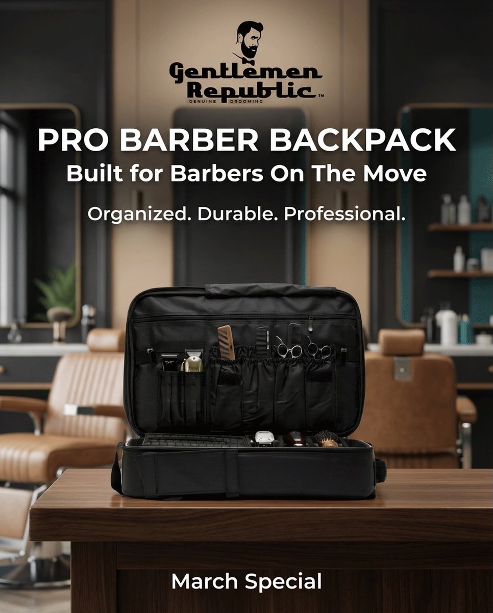 GentlemenRepub's tweet image. Attention barbers &amp;amp; stylists! Discover our Gentlemen Republic Pro Backpack—engineered for organization &amp;amp; protection on-the-go. USA-made precision &amp;amp; pro-level versatility. Gear up &amp;amp; elevate your craft. Shop now: gentlemenrepublic.com #ProStylist #BarberLife