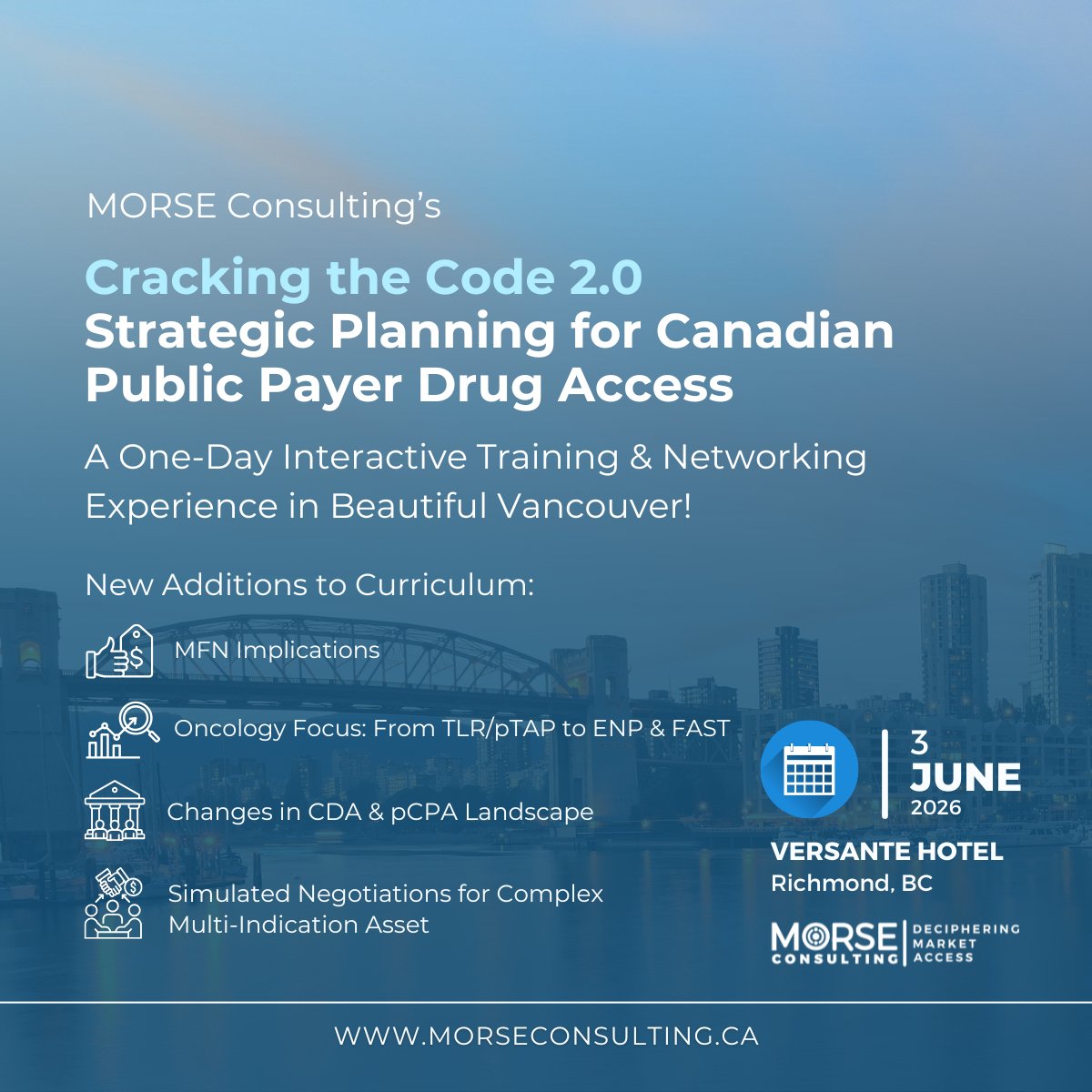 After Toronto &amp; Montreal, Cracking the Code 2.0 heads west! Join us June 3 in Vancouver for strategic public payer drug access training. Be the first one to know when more information if available: morseconsulting.ca/cracking-the-c… 

#MORSEConsulting #PublicPayer #DrugAccess