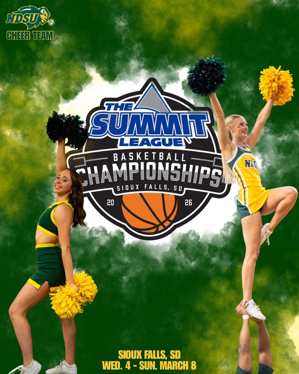 NDSUcheer's tweet photo. Championship weekend, here we come! 🏀💚

Both @ndsumbb and @ndsuwbb head into the Summit League Championship as regular season champions and the #1 seeds!

We’ll be on the sidelines bringing the energy as we cheer them on. Let’s make it a weekend to remember.

#NDSUCheer https://t.co/yK9EDPdtyo