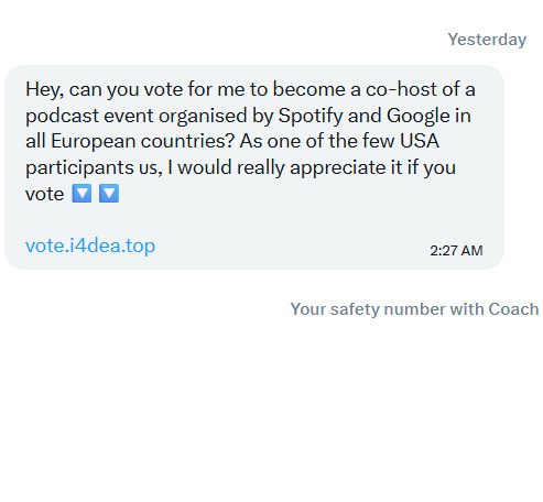 RecruitGeorgia's tweet photo. College/HS coaches - if you receive a message from someone about voting for their podcast with a link included, DO NOT FOLLOW THAT LINK. 

You guys are getting hacked almost daily now, with the same phishing scam going on for months. Follow that link and your account will be hijacked into pushing crypto and other random schemes to your thousands of followers.