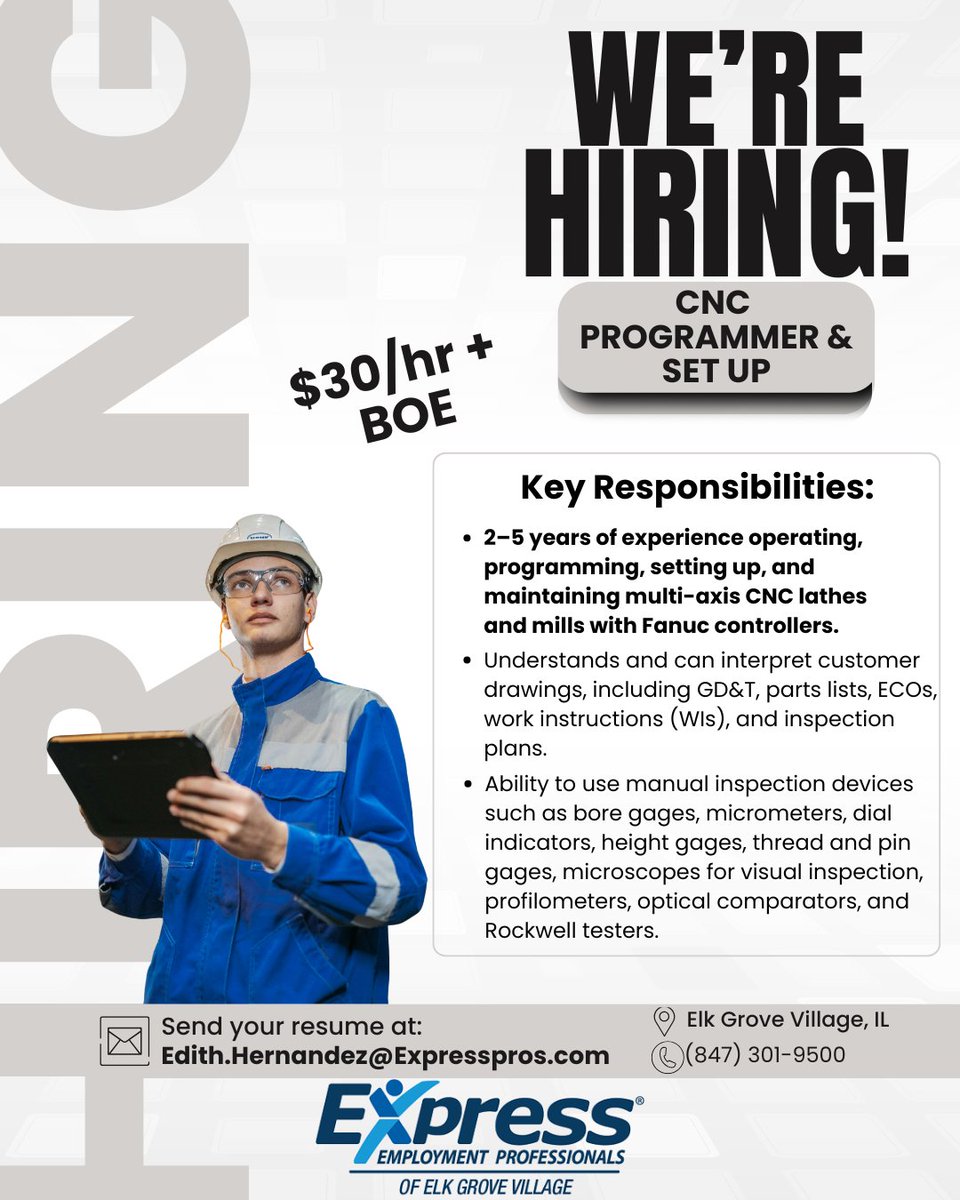 Now hiring CNC Programmers &amp; Set Up Experts! Earn $30+/hr based on experience. Apply today! #ManufacturingJobs #Hiring #ExpressEGV