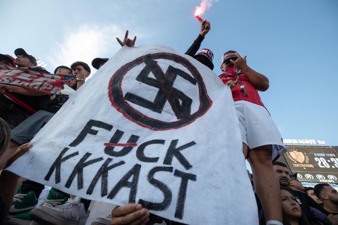 “Fuck KKKast”

A banner displayed by CSD Colo-Colo supporters in Chile against the far-right politician José Antonio Kast.