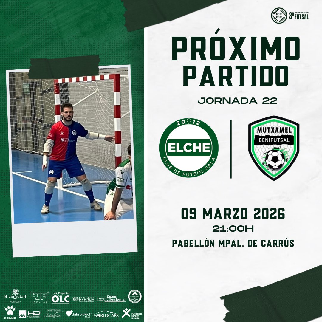 elchecfsala's tweet photo. 🏆 𝗧𝗲𝗿𝗰𝗲𝗿𝗮 𝗗𝗶𝘃𝗶𝘀𝗶𝗼́𝗻 / Jornada 2️⃣2️⃣

🆚 @BenimagrellC 

🗓️ Lunes 09.03.26
⏰ 21:00 h.
🏟️ Pabellón Mpal. de Carrús

#ElcheCFS💚🤍 #terceradivisionfutsal #ffcv https://t.co/SWQ0C4jKED