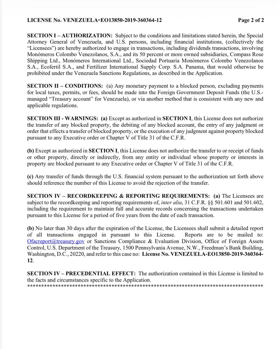 DarvinsonRojas's tweet photo. La Oficina de Control de Activos Extranjeros (OFAC) del Departamento del Tesoro de Estados Unidos extendió una licencia que permite a Monómeros y sus subsidiarias realizar ciertas transacciones financieras que normalmente están prohibidas bajo las sanciones a Venezuela.
La autorización, válida hasta el 31 de marzo de 2028, incluye operaciones como pagos de dividendos y debe cumplir con estrictos requisitos de registro y reporte, según el documento oficial.