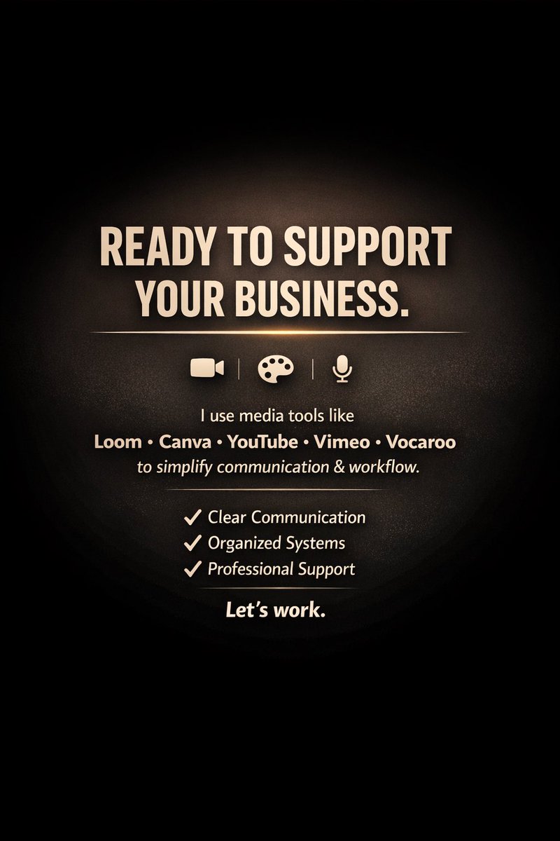 Starshine1126's tweet image. Your business deserves smooth communication.

I help clients:
✔ Record &amp;amp; share videos
✔ Manage media content
✔ Design clean visuals
✔ Send quick updates

Using tools like Loom, Canva &amp;amp; more-I make work easier.

Ready to delegate?

#GeneralVA #ClientReady