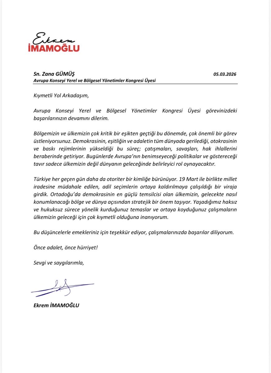 Cumhurbaşkanı Adayımız Sayın Ekrem İmamoğlu’nun bu kıymetli mesajı için gönülden teşekkür ediyorum.

Sizinle aynı yolda yürümek, demokrasiye, adalete ve millet iradesine olan inancı birlikte büyütmek benim için büyük bir onur ve sorumluluktur.

Bu zorlu dönemde, ülkemizin daha