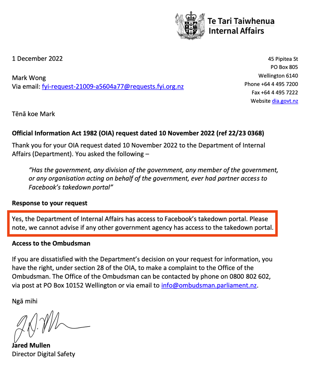 HopeRising19's tweet photo. NZ GOVT HAD DIRECT ACCESS TO FACEBOOK "TAKE DOWN PORTAL" 

A New Zealand OIA confirms that under the Ardern government, there was an arrangement with Facebook, that granted our Govt 

DIRECT ACCESS TO THE TAKEDOWN PORTAL  

In early 2021 I started a facebook group called The Health Forum NZ  Our membership quickly swelled to nearly 60,000 New Zealanders whose lives were impacted by mRNA employment mandates or mRNA injury or death of a loved one.  

One morning I awoke to find our entire group had disappeared...and there was not a single trace of us ever having existed.  There was no pathway for explanations or appeals  

DID THE NZ GOVT REMOVE OUR GROUP THAT WAS SUPPORTING MRNA HARMED AND MANDATED OUT?  (link in comments)
