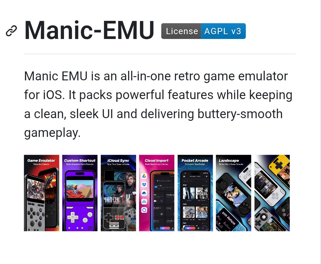 Techjunkie_Aman's tweet photo. Retro emulation on iOS keeps getting better.

Manic EMU is an all-in-one emulator supporting:
• Nintendo 3DS
• Nintendo DS
• Nintendo 64
• PlayStation 1
• PlayStation Portable
• Sega Dreamcast
• Super Nintendo
• Game Boy / GBC / GBA
• Sega Genesis
• Atari systems
• Arcade (MAME / FBNeo)

Key features:
• Unlimited save states with autosave
• 5× fast-forward gameplay
• Cheat code support
• RetroAchievements integration
• iCloud sync for saves and settings
• Controller support (Xbox / DualShock / Joy-Con)
• Custom skins and retro filters
• AirPlay to TV for big-screen gaming

One emulator.
Dozens of retro consoles.