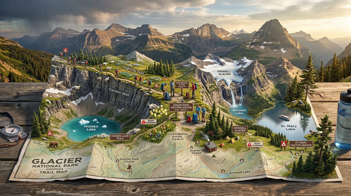 Prompt Studio: National Park Trail Map with Nano Banana 2 in Firefly

A National Park trail map unfolded on a picnic table, with the wilderness rising into explorable miniature ecosystem. {TRAILHEAD} emerges with {VISITOR_ELEMENT}, the marked paths wind upward through {TERRAIN_1}