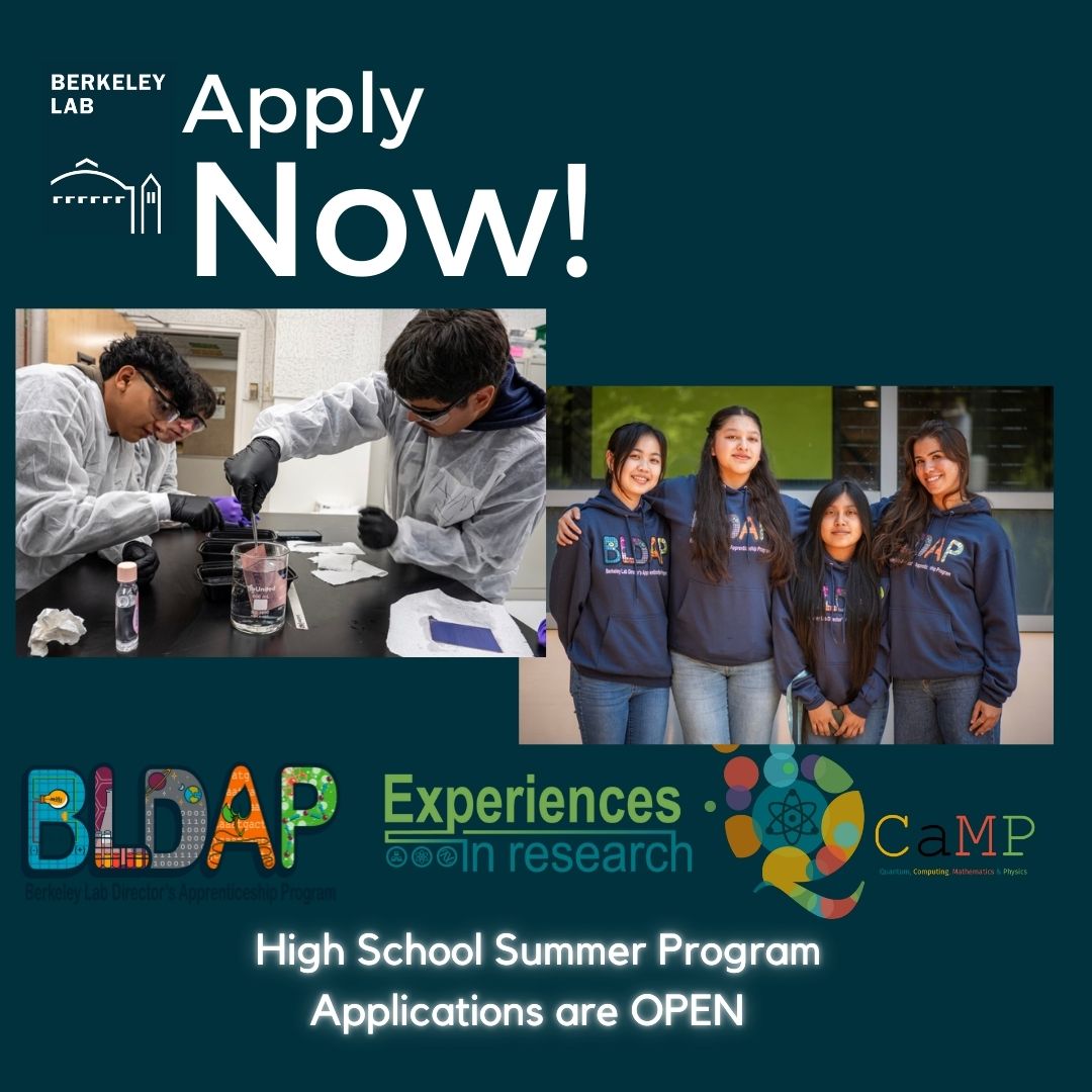LBNLALIFT's tweet photo. Applications for Berkeley Lab summer programs are now open! Apply today to join exciting research and learning opportunities designed just for high school students. 

Learn More Here ➡️ https://t.co/mxGDehz7MU https://t.co/T5ZR6KLYhg