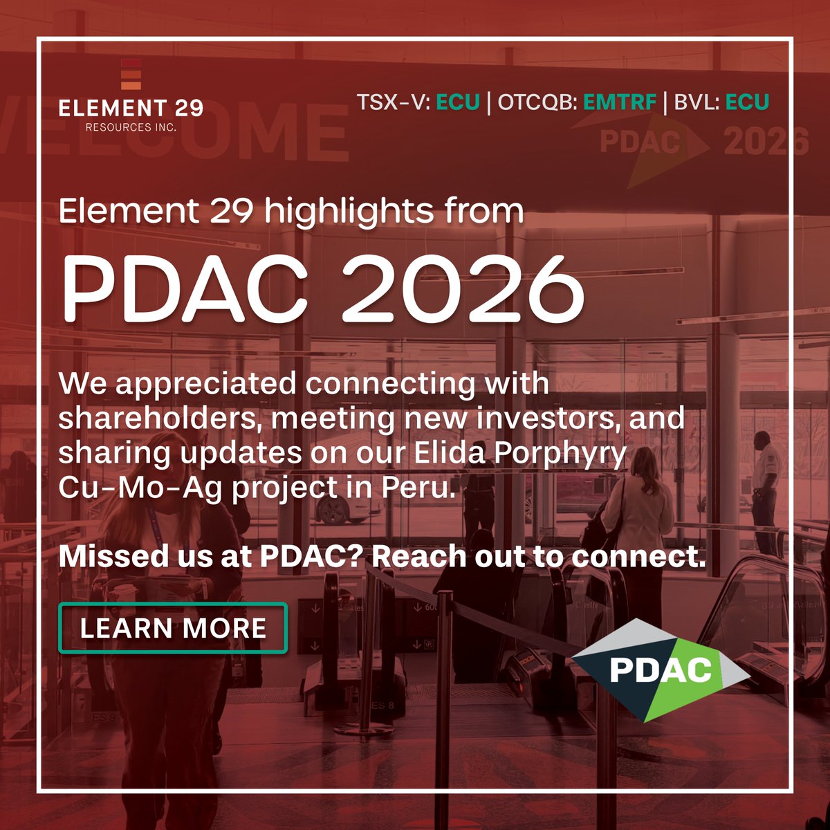 CopperE29's tweet photo. It was a busy PDAC for the Element 29 team!

We appreciated the opportunity to connect with shareholders, meet new investors, and share updates on our Elida Porphyry Cu-Mo-Ag project in Peru.

If you missed us at PDAC, please reach out at info@e29copper.com, we'd love to connect.

TSXV: $ECU | OTCQB: $EMTRF | BVL: $ECU 

#PDAC2026 #Elidaproject #copperexploration #Element29 #copper #mining #coppermining #peru #perumining #peruassets #exploration #sustainability