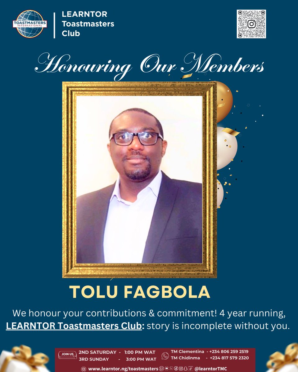 “Legacy is built by people who show up.”

<a href="/learntortmc/">Learntor Toastmasters Club</a>

 is almost 5 years strong; thank you to our member! 🙏🏽💛
Our story is incomplete without you, Tolu Fagbola

Would you like to join us our meeting?! 👇

#LearntorToastmasters #ToastmastersNigeria #Toastmasters