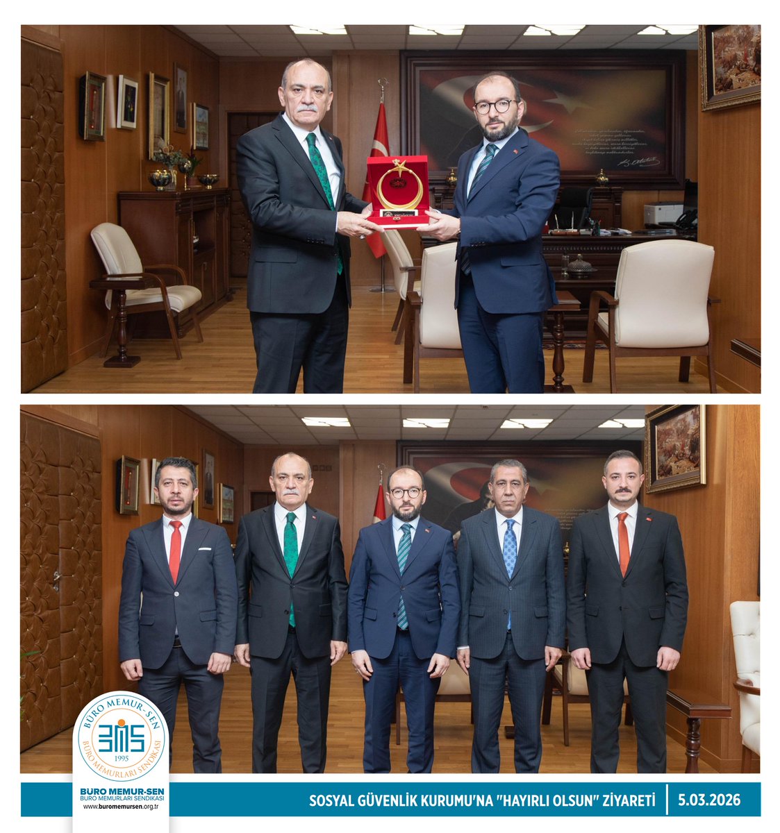 BuroMemurSen_'s tweet photo. SOSYAL GÜVENLİK KURUMU'NA "HAYIRLI OLSUN" ZİYARETİ 📍

Genel Başkanımız Yusuf Yazgan, Genel Başkan Yardımcımız Hüseyin Yüksel, Ankara 1 No'lu Şube Başkanımız Selami Toygar ve Ankara 5 No'lu Şube Başkan Vekilimiz Çağrı Mülazımoğlu ile birlikte Sosyal Güvenlik Kurumu (SGK) Başkanı olarak atanan Sayın Yunus Elitaş'a "hayırlı olsun" ziyaretinde bulunarak yeni görevinde başarı ve kolaylıklar diledi.

Yazgan, ziyarette ayrıca;

📌 Görevde Yükselme ve Unvan Değişikliği Sınavı Yönetmeliği’nde gerekli düzenlemelerin yapılarak sınavların 2026 yılı içinde gerçekleştirilmesi,

📌 666 sayılı KHK ile kaldırılan ve yılda iki defa brüt asgari ücret tutarında ödenen ikramiyenin yeniden ödenmesi,

📌 Sağlık Hizmetleri Sınıfı'nda (SHS) eczacı, hemşire, biyolog kadrosunda olan personelin yıllık izin, ölüm ve hastalık raporlarından yapılan kesintilerin ivedilikle sonlandırılması ve yapılmış olan kesintilerin geriye dönük olarak ödenmesi,

📌 Sosyal Güvenlik Uzmanı kariyer kadrolarının oluşturularak atamaların  kurum içinden yapılması,

📌 Kurum bünyesinde denetim görevi yürüten denetmen ve denetmen yardımcılarının Grup Başkanlığı oluşturularak bu kapsamda görevlendirilmeleri hususunda gerekli çalışmaların yapılması ile diğer sorun ve talepleri,

📌 Sosyal Güvenlik Tazminatı oluşturularak, SGK personelinin 667 Sayılı KHK ile kaybettiği haklarının bir nebze giderilmesi için Kurum öncelikli çalışma yapılması,

📌 Personel alımı sürecinde ilk defa istihdam edilecek adaylar arasında SGK mevzuatına hakim, iş ve işleyişi bilen sosyal güvenlik ön lisans mezunlarının tercih edilmesi ve

📌 Aday olarak atanmış devlet memurunun adaylık süresi bir yıldan az, iki yıldan çok olamaz' hükmünün uygulanmasında sürenin iki yıl olarak uygulandığını, sürenin bir yıl olarak güncellenmesi taleplerimizi Başkan Sayın Elitaş'a iletti.

@sgksosyalmedya