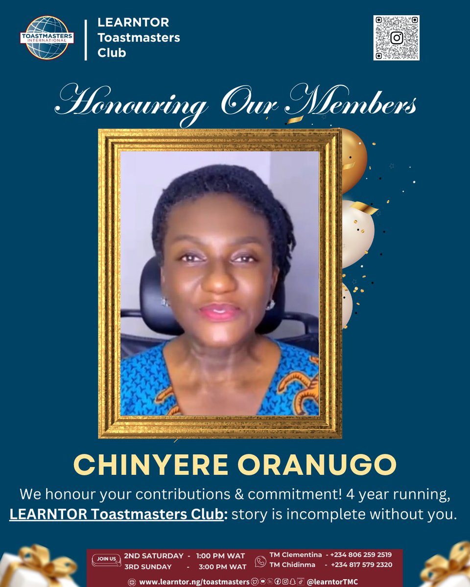 “Legacy is built by people who show up.”

<a href="/learntortmc/">Learntor Toastmasters Club</a>

 is almost 5 years strong; thank you to our member! 🙏🏽💛
Our story is incomplete without you, Chinyere Oranugo

Would you like to join us our meeting?! 👇

#LearntorToastmasters #ToastmastersNigeria #Toastmasters