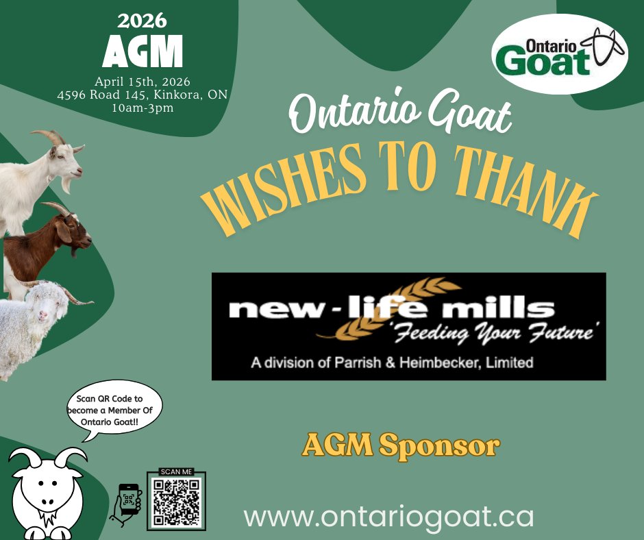 Ontario Goat wishes to thank New Life Mills for being a sponsor for our AGM!
#wallensteinfeed&amp;supplyltd #greenoakdairyequipment #newlifemills #serval #jonesfeedmillsltd#CMGA #CNGF#OFA #trevorjones #johnkelly