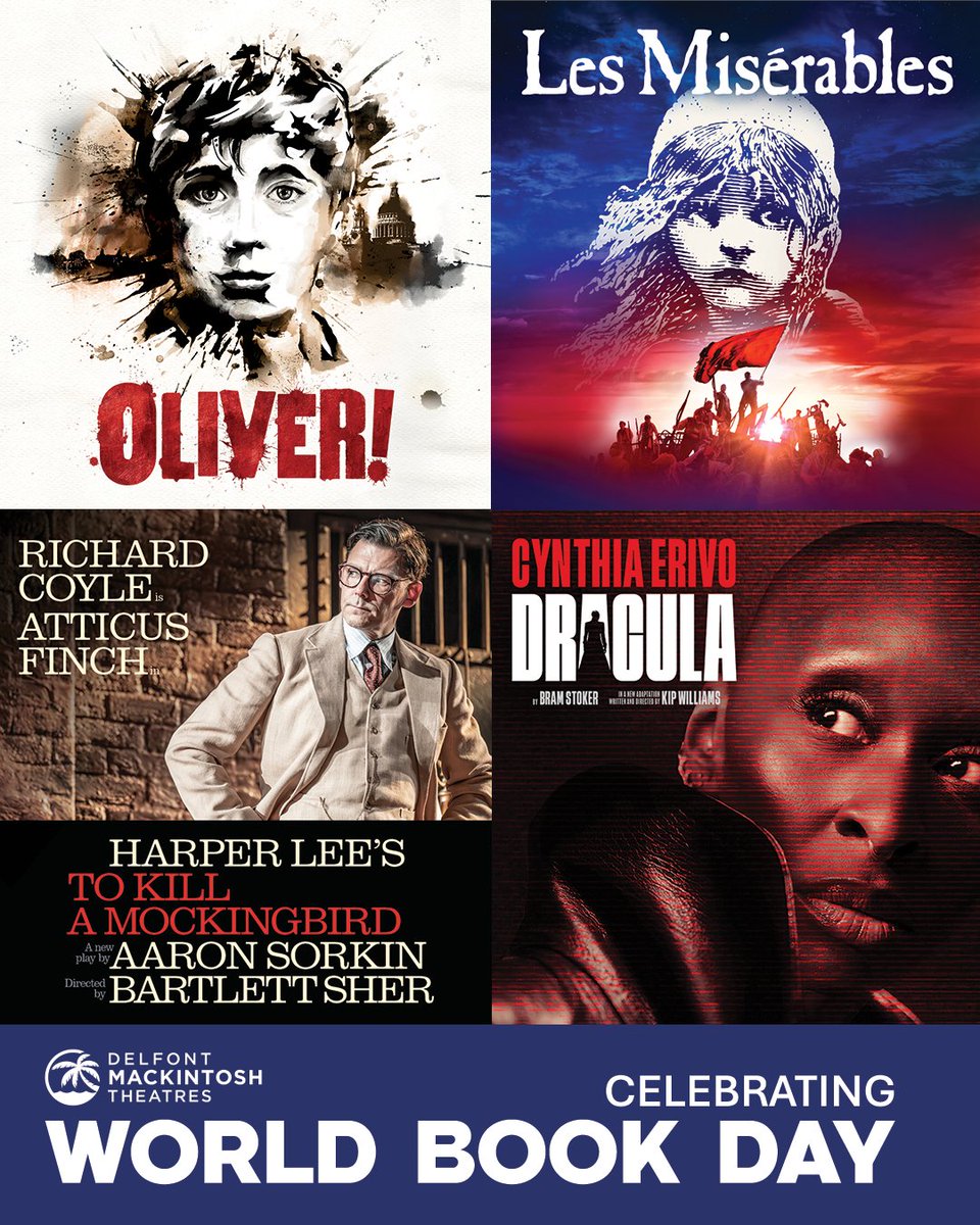 DMTWestEnd's tweet photo. 📚 From page to stage…⁠
⁠
Happy World Book Day!⁠
⁠
We’re celebrating the incredible books behind some of our unforgettable shows:⁠
To Kill a Mockingbird⁠
Les Misérables⁠
Oliver!⁠
Dracula⁠
⁠
and not forgetting.. The Book of Mormon! https://t.co/0uSw4w0x9n