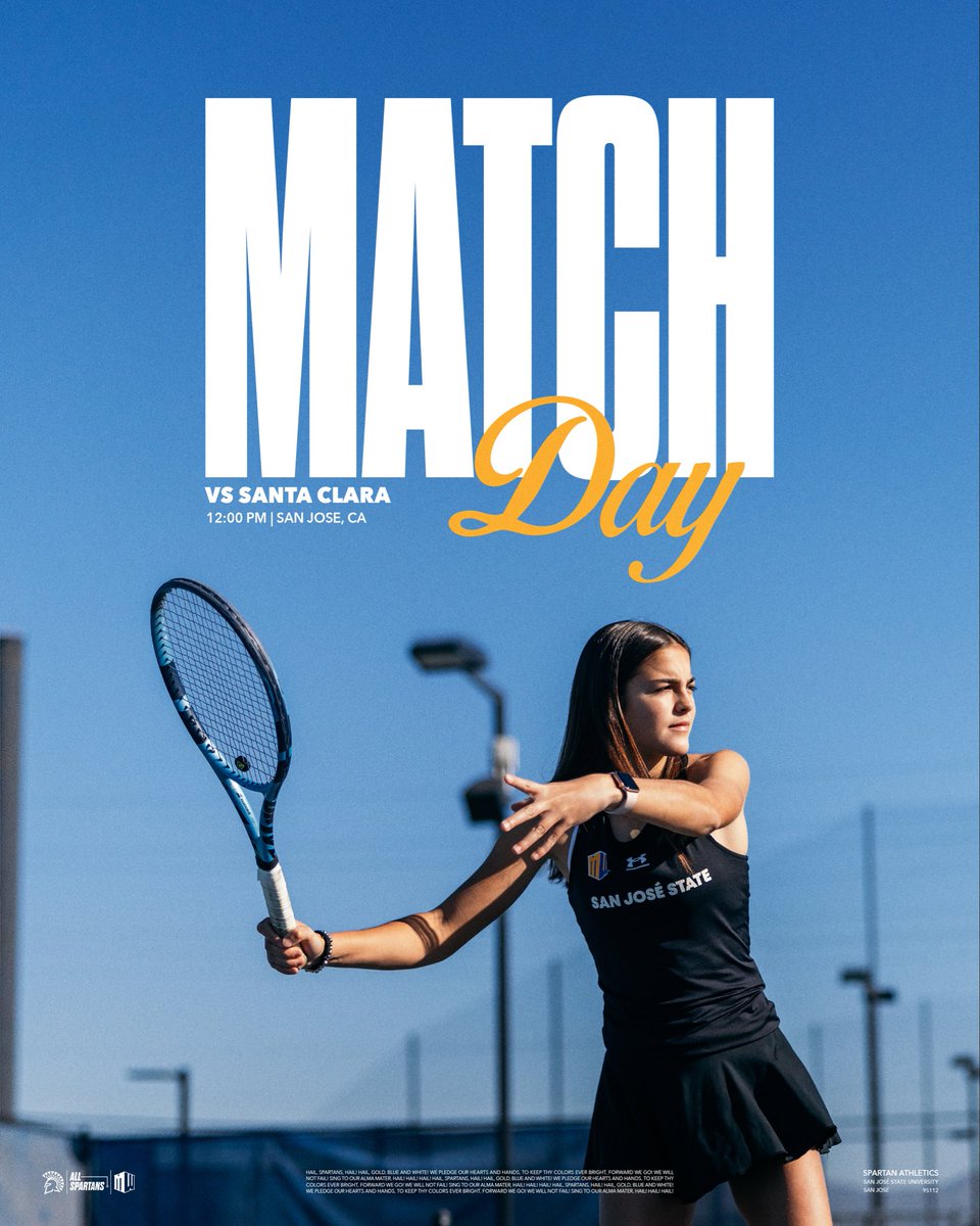 Battle of the Bay ⚔️🚨

🆚 Santa Clara
⏰ 12:00 p.m. 
📍 San Jose, Calif.
🏟️ Spartan Tennis Complex
📊 bit.ly/49LP0Aw

#AllSpartans