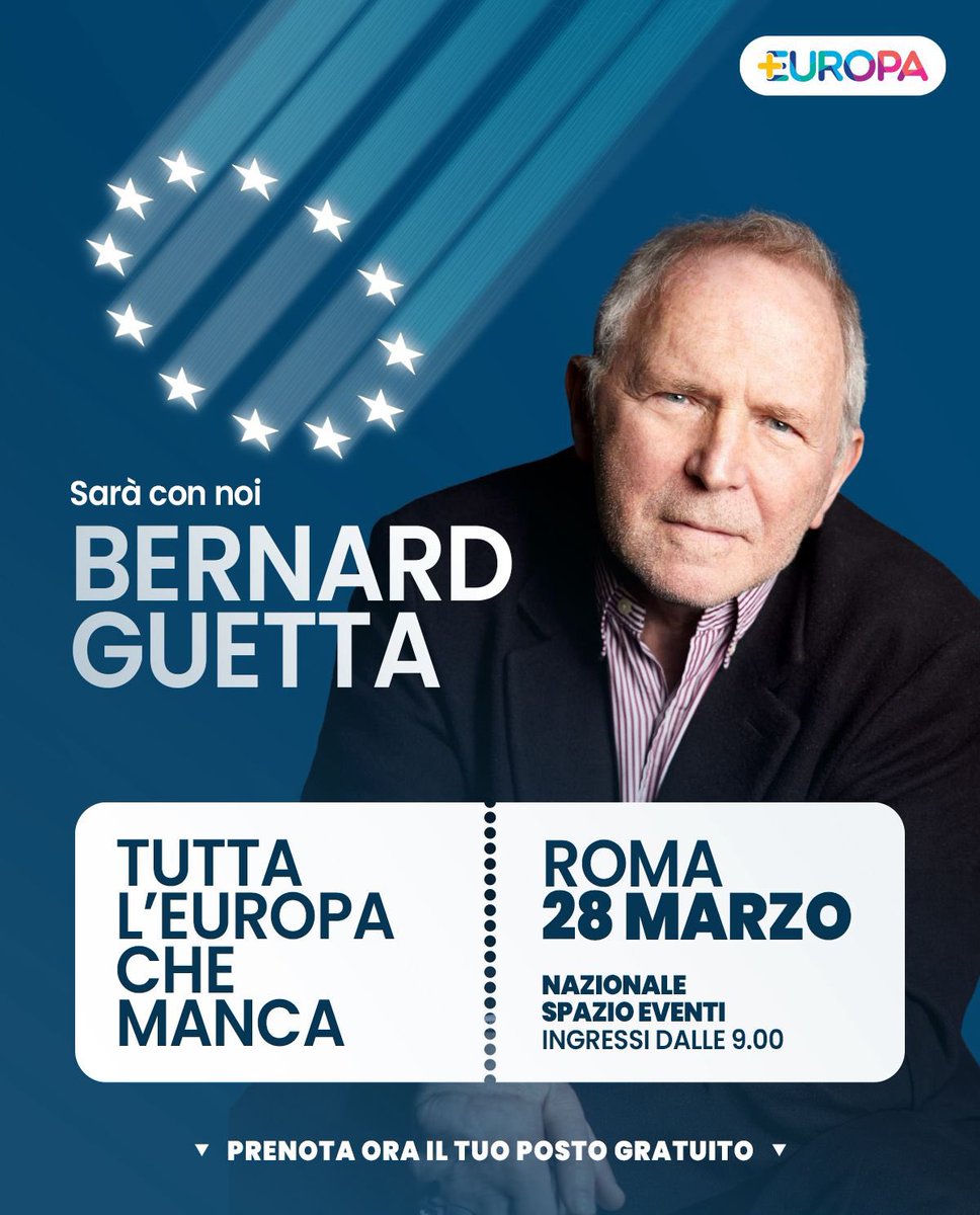 Piu_Europa's tweet photo. Prenota ora il tuo posto gratuito.

Sabato 28 marzo – Roma, Nazionale Spazio Eventi dalle ore 9.00

TUTTA L’EUROPA CHE MANCA è l’evento per smettere di lamentarci di ciò che l’Europa non fa e iniziare a proporre soluzioni concrete per cambiarla in meglio, rendendola finalmente capace di agire.

In un mondo sempre più diviso, dominato dall’arroganza delle grandi potenze, un’Europa unita non è solo una speranza: è l’unica strada politica nell’interesse di cittadini e imprese europee, della democrazia e delle libertà che abbiamo conquistato.

🎙 Oggi  presentiamo i primi quattro ospiti:

EMMA BONINO, già Commissaria europea e Ministra degli Esteri, fondatrice di +Europa.

BERNARD GUETTA, eurodeputato Renew Europe, storico editorialista di radio e stampa in Francia, da sempre impegnato per una Costituzione europea.

NATHALIE TOCCI, già direttrice dell’Istituto Affari Internazionali e consigliera speciale dell’Alto Rappresentante dell’UE, esperta di integrazione europea, Mediterraneo e sicurezza internazionale.

SERGIO FABBRINI, professore di Scienza politica e Relazioni internazionali, già direttore della School of Government della LUISS Guido Carli, esperto di politica comparata e integrazione europea.

Nei prossimi giorni presenteremo tutti gli altri interventi di esperti nazionali e internazionali.

⚠️ I posti sono limitati: prenota ora il tuo tramite il link nel primo commento.

Ti aspettiamo!🇪🇺