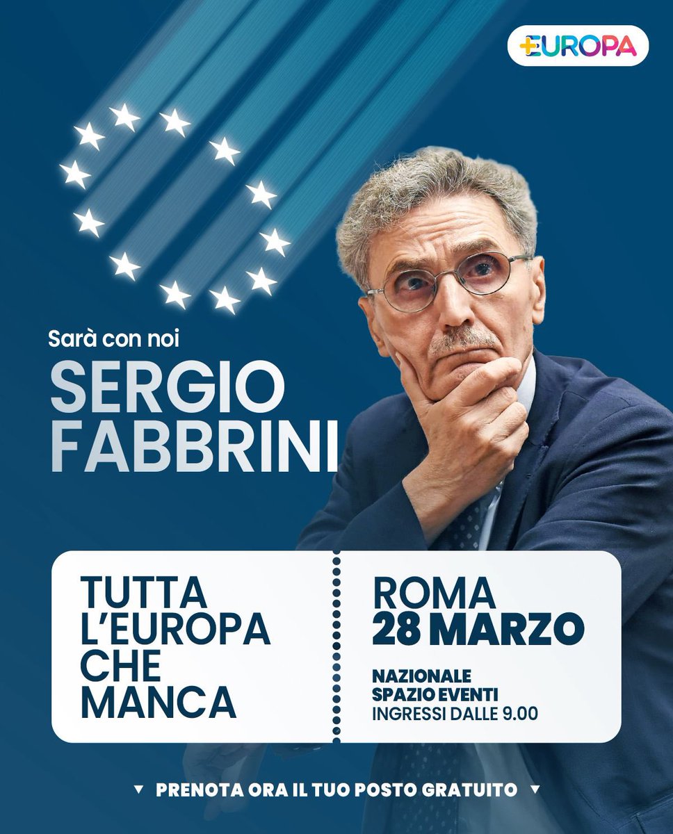 Piu_Europa's tweet photo. Prenota ora il tuo posto gratuito.

Sabato 28 marzo – Roma, Nazionale Spazio Eventi dalle ore 9.00

TUTTA L’EUROPA CHE MANCA è l’evento per smettere di lamentarci di ciò che l’Europa non fa e iniziare a proporre soluzioni concrete per cambiarla in meglio, rendendola finalmente capace di agire.

In un mondo sempre più diviso, dominato dall’arroganza delle grandi potenze, un’Europa unita non è solo una speranza: è l’unica strada politica nell’interesse di cittadini e imprese europee, della democrazia e delle libertà che abbiamo conquistato.

🎙 Oggi  presentiamo i primi quattro ospiti:

EMMA BONINO, già Commissaria europea e Ministra degli Esteri, fondatrice di +Europa.

BERNARD GUETTA, eurodeputato Renew Europe, storico editorialista di radio e stampa in Francia, da sempre impegnato per una Costituzione europea.

NATHALIE TOCCI, già direttrice dell’Istituto Affari Internazionali e consigliera speciale dell’Alto Rappresentante dell’UE, esperta di integrazione europea, Mediterraneo e sicurezza internazionale.

SERGIO FABBRINI, professore di Scienza politica e Relazioni internazionali, già direttore della School of Government della LUISS Guido Carli, esperto di politica comparata e integrazione europea.

Nei prossimi giorni presenteremo tutti gli altri interventi di esperti nazionali e internazionali.

⚠️ I posti sono limitati: prenota ora il tuo tramite il link nel primo commento.

Ti aspettiamo!🇪🇺