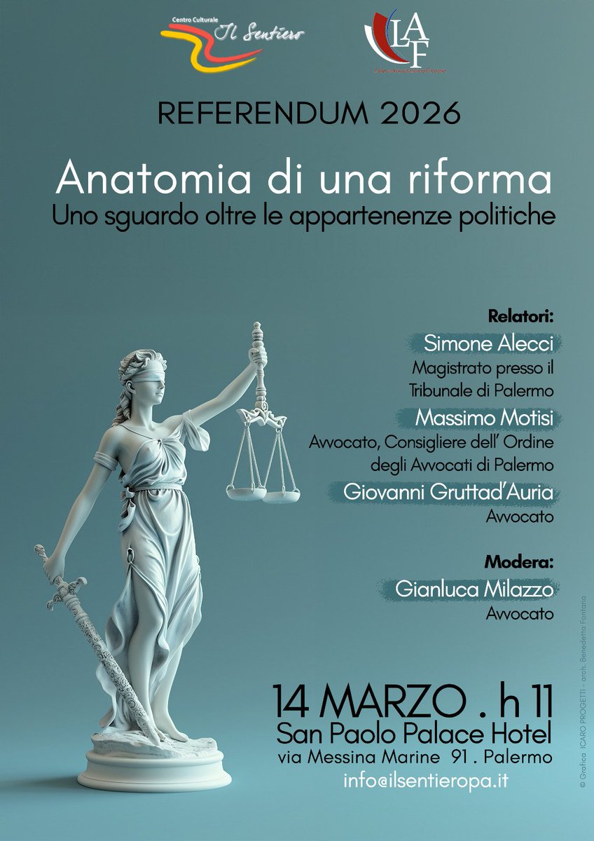 Sabato 14 marzo h.11 San Paolo Palace #Palermo
L’incontro nasce con l’obiettivo di offrire uno spazio di confronto su un tema centrale per la vita democratica del Paese, lasciando lontane le schermaglie politiche per fornire ogni elemento possibile di conoscenza
#riformagiustizia